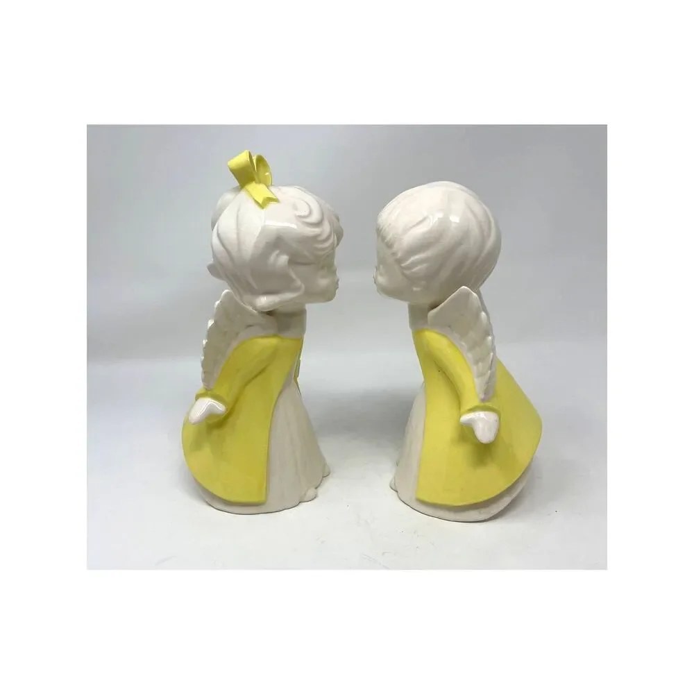 Vintage Boy Girl Angel Figurines Yellow White Mid Century Kissing Holding Bible